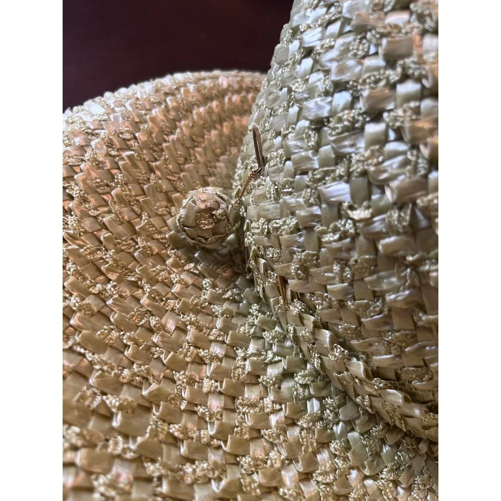 Adolfo II Sun Hat Womens OS Green Excellent Vintage Woven Straw Bow Charm Box